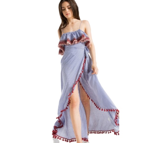 EUC THML Embroidered Blue White Striped Wrap Front Maxi Dress w/ Tassels… - Picture 2 of 11